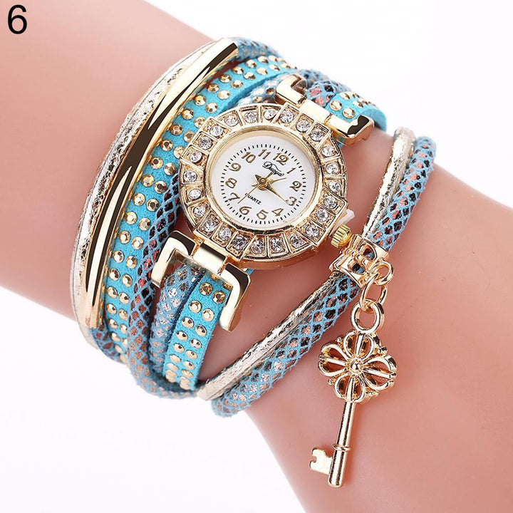 Key Pendant Multi-Layer Rivets Band Arabic Numerals Quartz Bracelet Wrist Watch - MRSLM