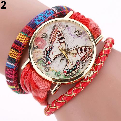 Women Ethnic Style Multilayer Knitted Strap Butterfly Dial Bracelet Quartz Wrist Watch - MRSLM