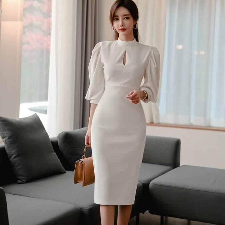 Women's Stand Collar Puff Sleeve White Dress