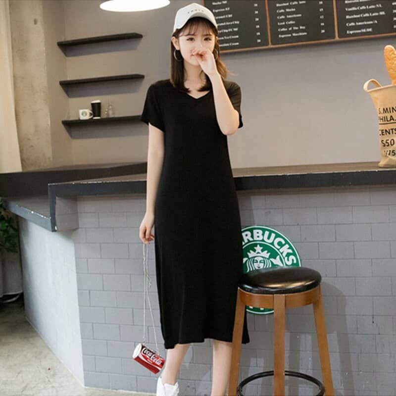 Women's Solid V-Neck Short Sleeved Summer T-Shirt Dress