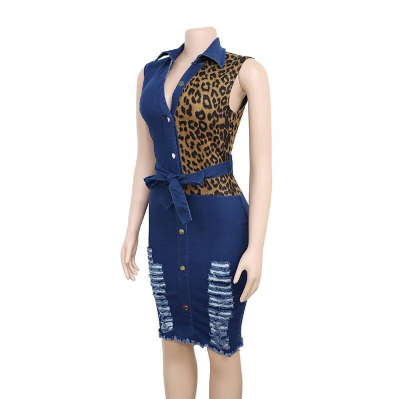 Women's Leopard Print Detail Denim Dress