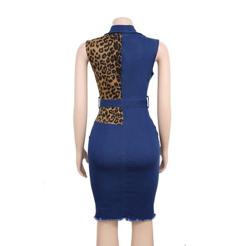 Women's Leopard Print Detail Denim Dress