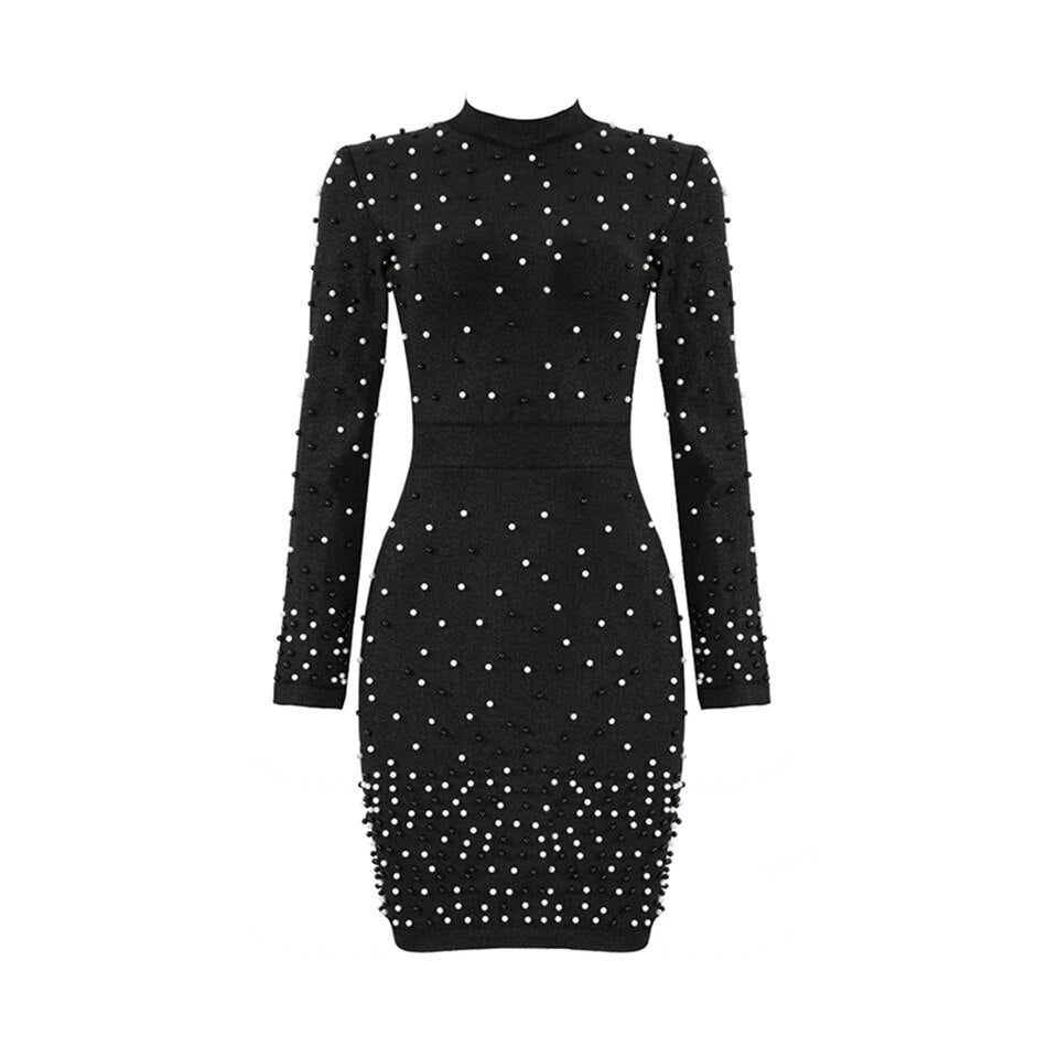 Women's Long Sleeved Beaded Round Neck Dress