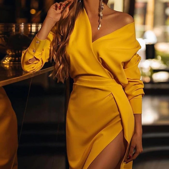 Solid V-Neck Slit Bodycon Dress