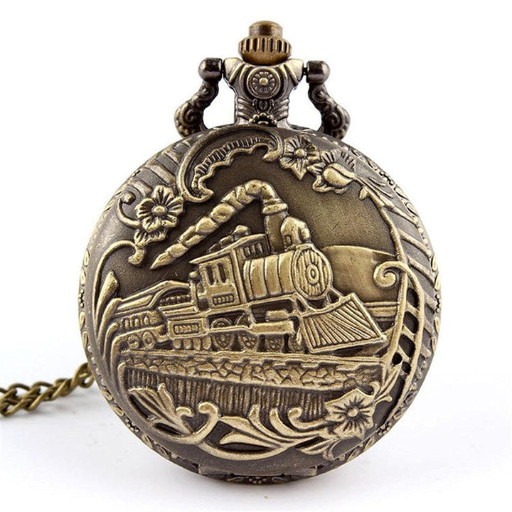 Unisex Antique Case Vintage Brass Rib Chain Train Pattern Quartz Pocket Watch - MRSLM