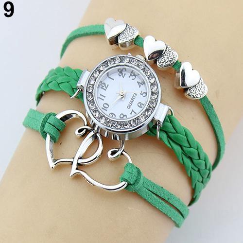 Double Heart Multilayer Cuff Bracelet Wristwatch Faux Leather Knited Bangle Watch - MRSLM