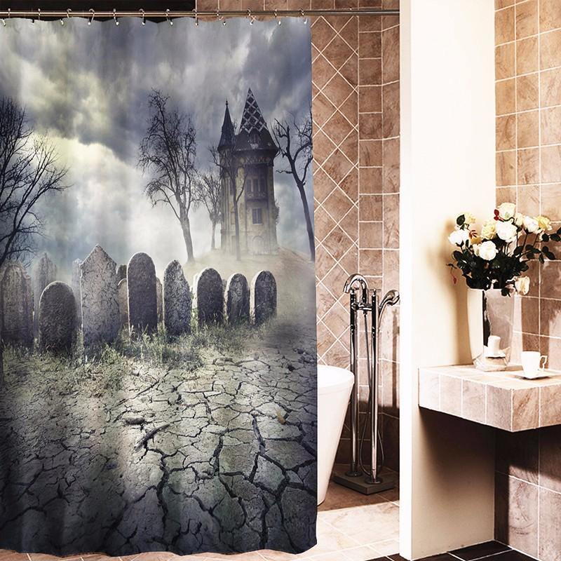 180x180cm Halloween Haunted House Polyester Shower Curtain Bathroom Decor with 12 Hooks - MRSLM