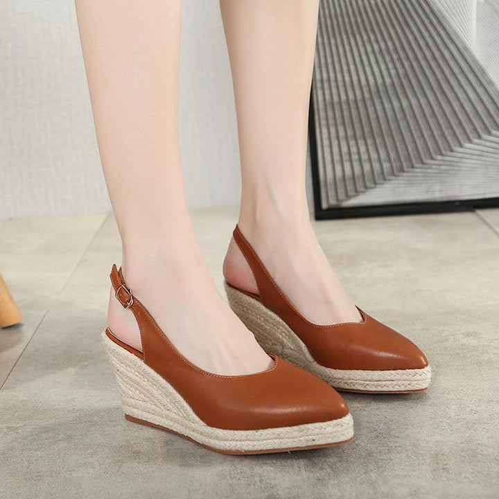 Women's Retro Straw High Heels Wedge Heel Baotou Drag One Word Strap - MRSLM