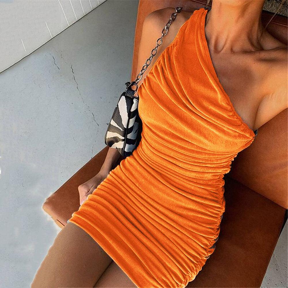 Women's Solid Color Sexy Trendy Oblique Shoulder Pleated Dress Bag Hip Skirt - MRSLM