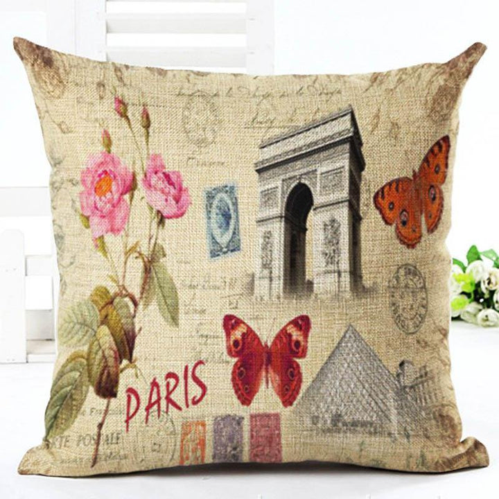 Honana 45x45cm Home Decoration Eiffel Tower Style Flowers Butterflies Pillow Case Cotton Linen Cushion Cover Home Sofa Car Decor - MRSLM