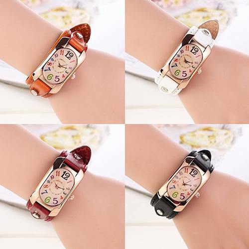 Women Fashion Casual Faux Leather Strap Oblong Case Quartz Wrist Watch - MRSLM