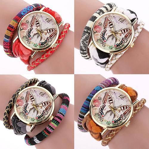 Women Ethnic Style Multilayer Knitted Strap Butterfly Dial Bracelet Quartz Wrist Watch - MRSLM