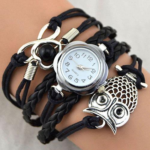 Women Owl Wax Cord Multilayer Knitted Faux Leather Bracelet Wrap Wrist Watch - MRSLM