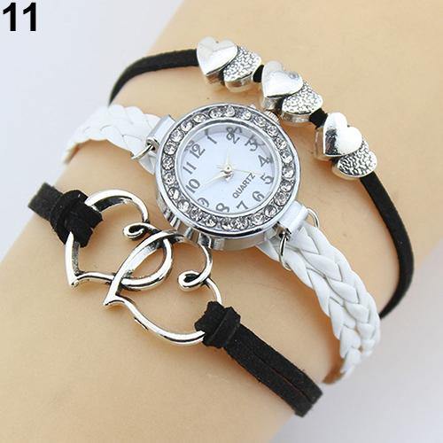 Double Heart Multilayer Cuff Bracelet Wristwatch Faux Leather Knited Bangle Watch - MRSLM