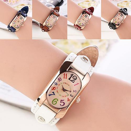 Women Fashion Casual Faux Leather Strap Oblong Case Quartz Wrist Watch - MRSLM