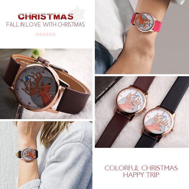 Fashion Christmas Deer Faux Leather Band Quartz Analog Wrist Watch Student Gift - MRSLM