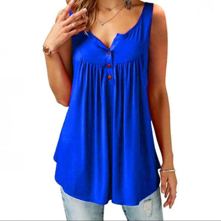 Solid Color Gathered Sleeveless Women's Casual T-Shirt Mid Length Button Vest - MRSLM