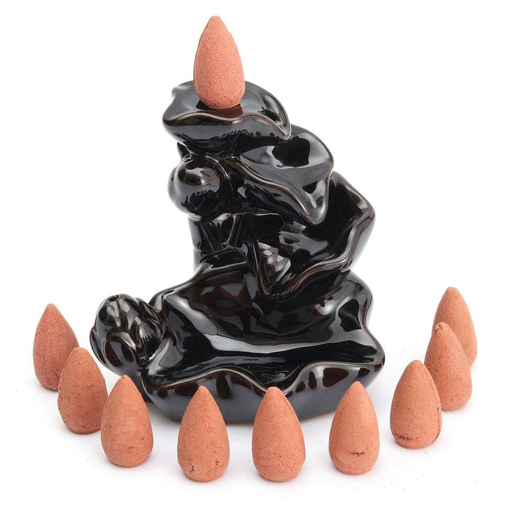 Backflow Incense Cone Burner Holder Ceramic Lotus Stream Fragrant Smoke Backflow Home Censer Decor - MRSLM