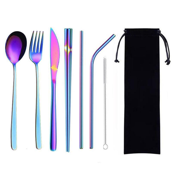 8Pcs Titanium-Plated 304 Stainless Steel Cutlery Set Knife Fork Spoon Chopsticks And Straw Combination - MRSLM