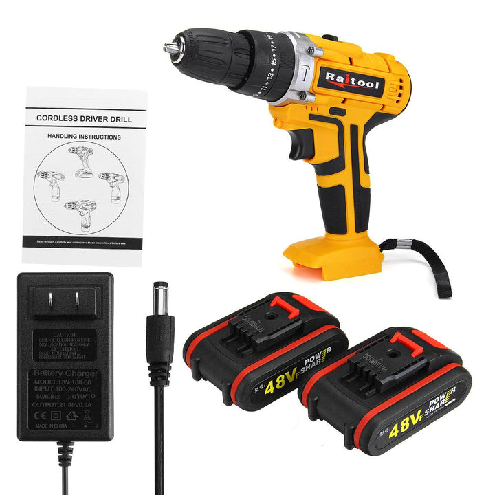 Raitool 48VF Cordless Electric Impact Drill Rechargeable 3/8 inch Drill Screwdriver W/ 1 or 2 Li-ion Battery - MRSLM