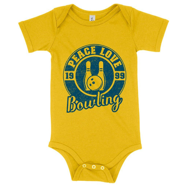 Baby Jersey Peace Love Bowling Onesie - Bowling Onesie Design - Bowling Themed Onesies - MRSLM