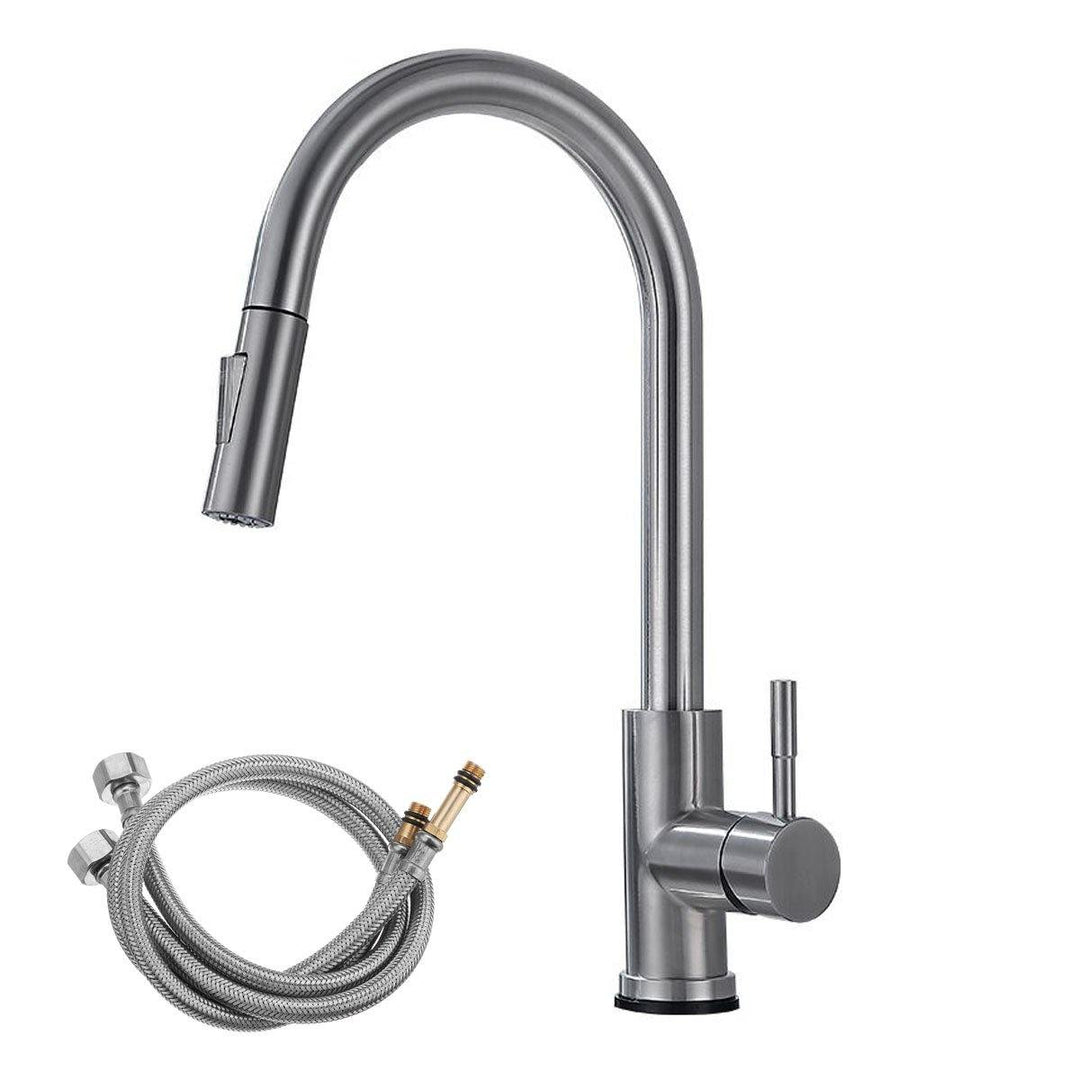 304 Stretching Faucet Double Inlet Pipe Two Outlet Methods Thin Head Silver - MRSLM