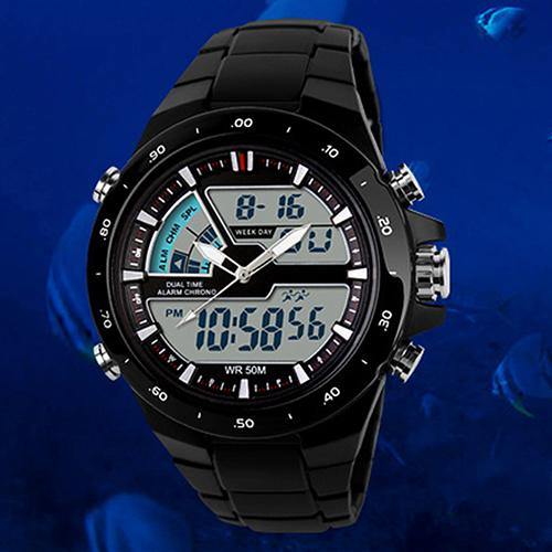 Men Waterproof Sport Digital Analog Dual Time Alarm Date Chronograph Wrist Watch - MRSLM