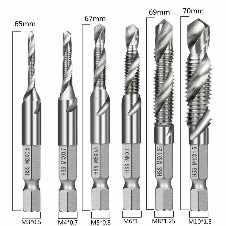 6Pcs 1/4 Inch M3-M10 Screw Tap HSS Combination Drill Tap Bit Set Hex Shank Deburr Countersink Bits - MRSLM