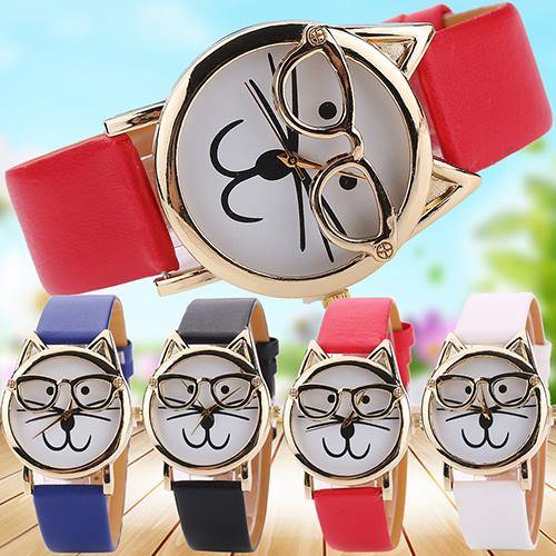 Unisex Fashion Faux Leather Band Cute Glasses Cat Case Analog Quartz Wrist Watch - MRSLM