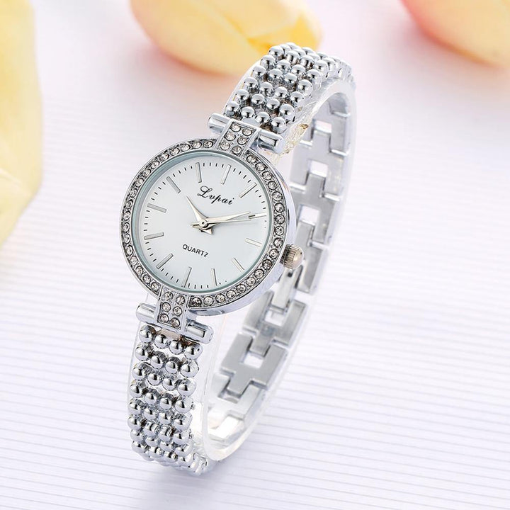 Lady Fashion Rhinestone Inlaid Slim Mesh Band Business Quartz Analog Wrist Watch - MRSLM