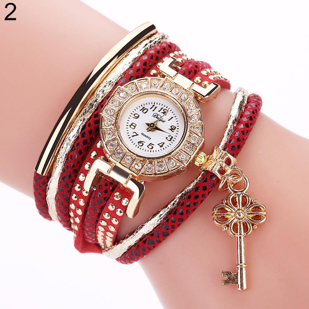 Key Pendant Multi-Layer Rivets Band Arabic Numerals Quartz Bracelet Wrist Watch - MRSLM