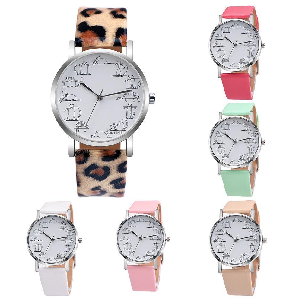 Girl Retro Design Lovely Kitty Cartoon Cat Faux Leather Band Alloy Wristwatch - MRSLM