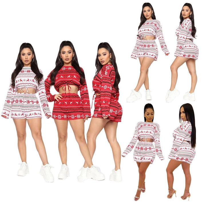 Women Christmas Pajama Sets Long Sleeve Crop Top Shorts 2Pcs - MRSLM