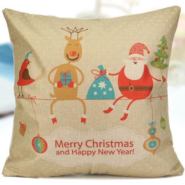 Cartoon Christmas Throw Pillow Case Linen Cotton Cushion Cover Home Sofa Car Decor - MRSLM