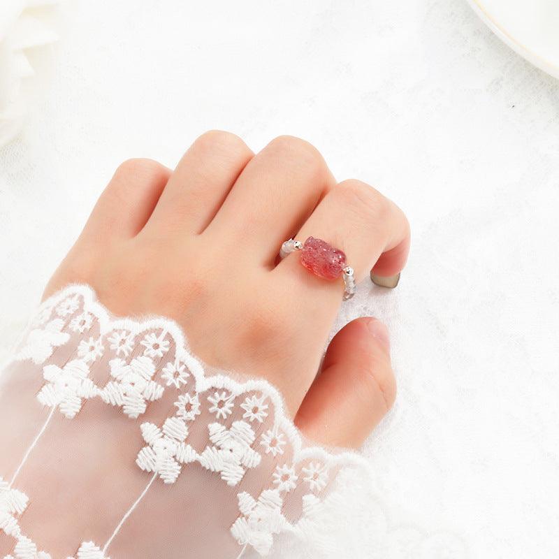 Crystal Ring Women's New Strawberry Crystal Grey Moonlight - MRSLM