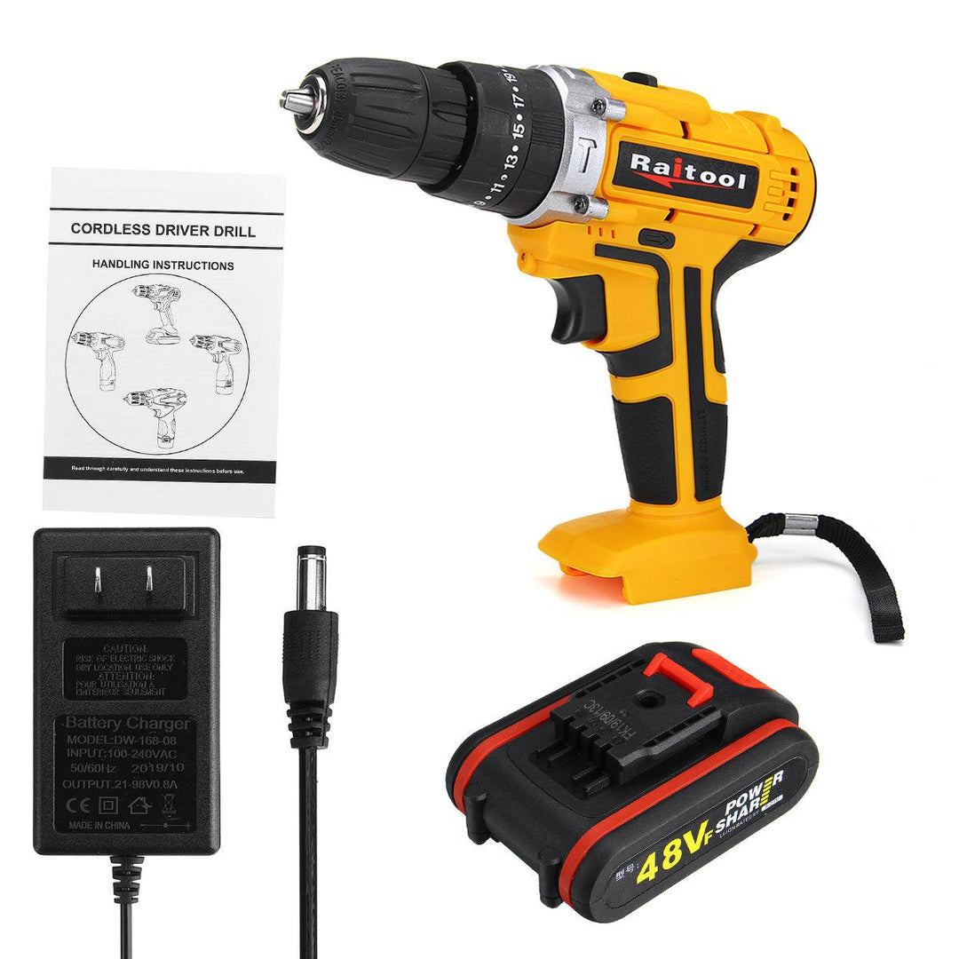 Raitool 48VF Cordless Electric Impact Drill Rechargeable 3/8 inch Drill Screwdriver W/ 1 or 2 Li-ion Battery - MRSLM