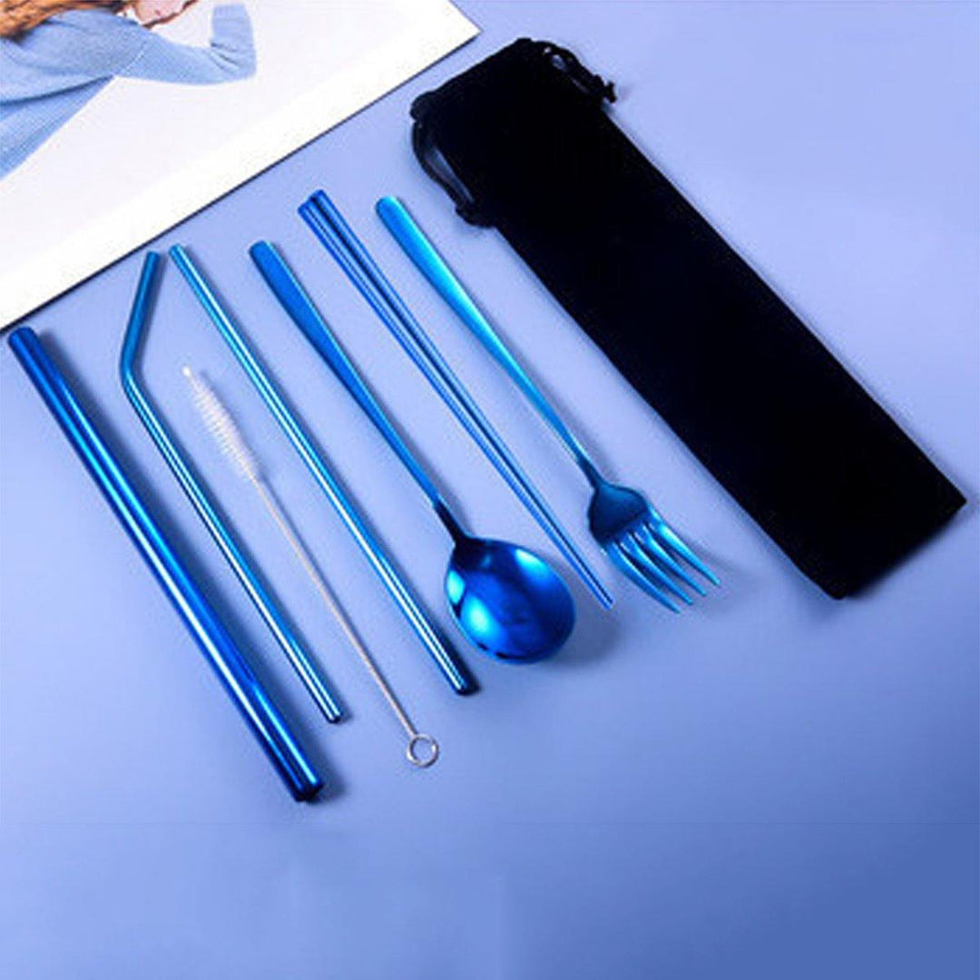 9pcs Titanium-Plated 304 Stainless Steel Cutlery Set Knife Fork Spoon Chopsticks Straw Set - MRSLM