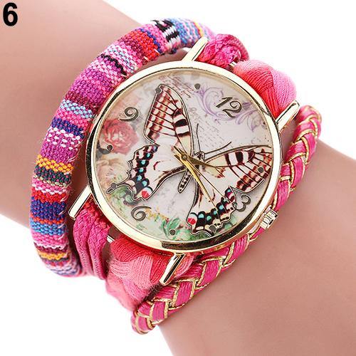 Women Ethnic Style Multilayer Knitted Strap Butterfly Dial Bracelet Quartz Wrist Watch - MRSLM