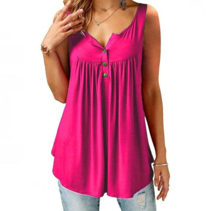 Solid Color Gathered Sleeveless Women's Casual T-Shirt Mid Length Button Vest - MRSLM