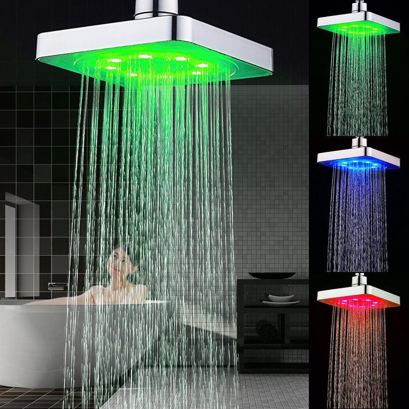 360° Adjustable 6 Inch LED Light Square Rain Shower Head Stainless Steel 3 Color Changing Temperature Control Bathroom Showerhead - MRSLM