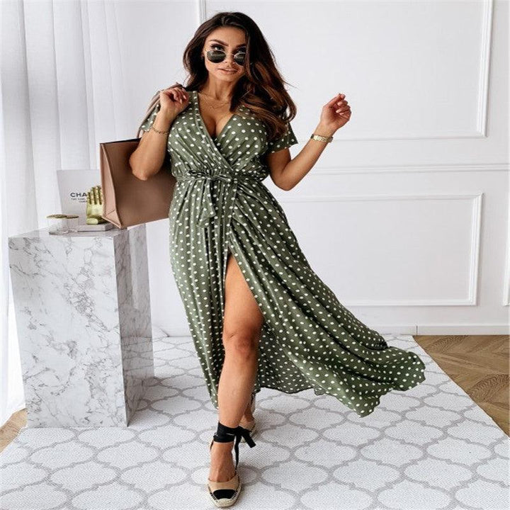 V-neck Bohemian Polka Dot Print Dress Long Skirt - MRSLM