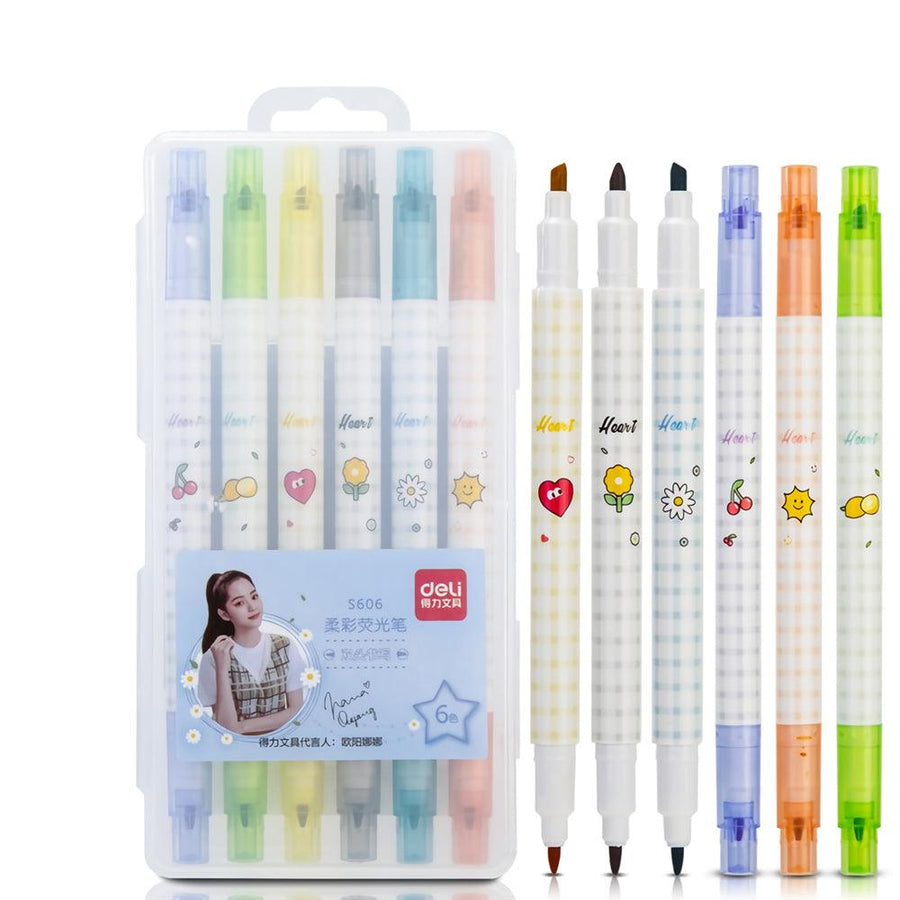 [ From XM ] Deli S606 6pcs/box Double Head Soft Color Fluorescent Pen Highlighter Pen Plastic Marker Cute Stationery School Supplies - MRSLM