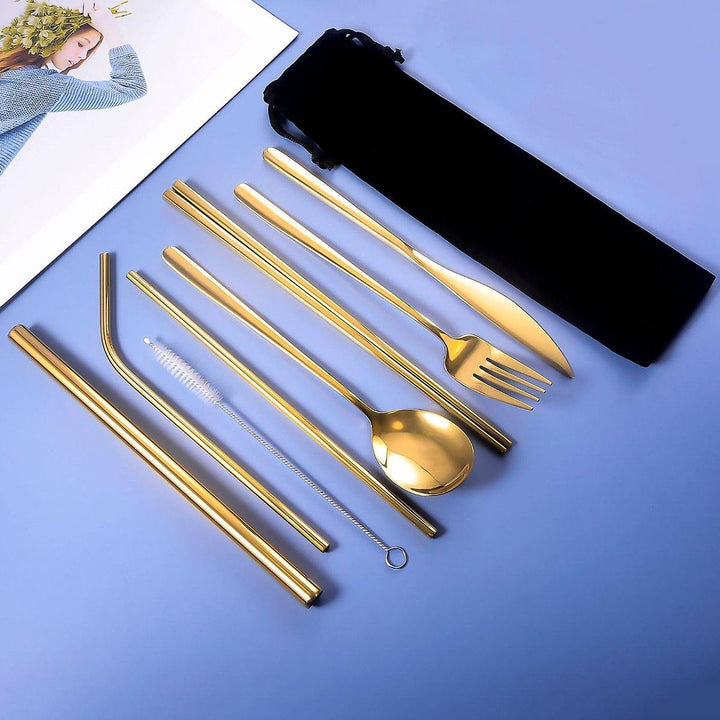 9pcs Titanium-Plated 304 Stainless Steel Cutlery Set Knife Fork Spoon Chopsticks Straw Set - MRSLM