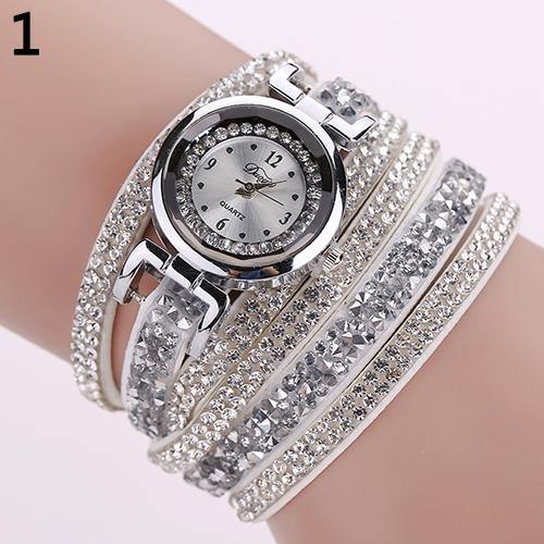 Women Fashion Multilayer Rhinestone Faux Leather Strap Bracelet Wrist Watch - MRSLM