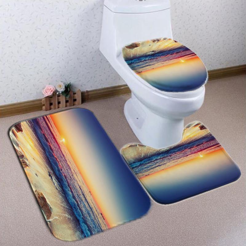 Waterproof Shower Curtain Non-Slip Rug Three Set Bathroom Decor Blue Ocean Sunset - MRSLM