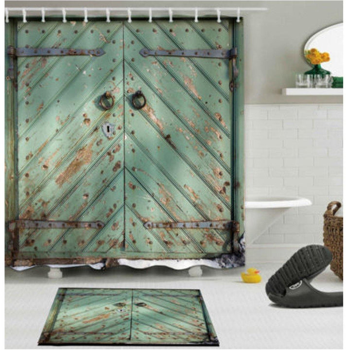 180cm x 180cm Rustic Wooden Barn Door Bathroom Waterproof Fabric Shower Curtain Flannel Bathroom Mat - MRSLM