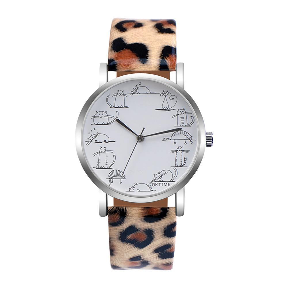 Girl Retro Design Lovely Kitty Cartoon Cat Faux Leather Band Alloy Wristwatch - MRSLM