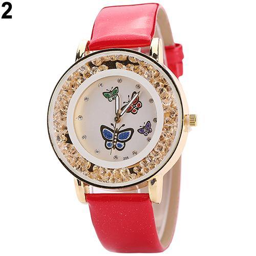 Women Fashion Butterfly Flowing Rhinestone Dial Faux Leather Analog Wrist Watch - MRSLM