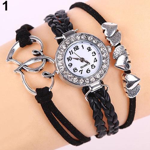 Double Heart Multilayer Cuff Bracelet Wristwatch Faux Leather Knited Bangle Watch - MRSLM