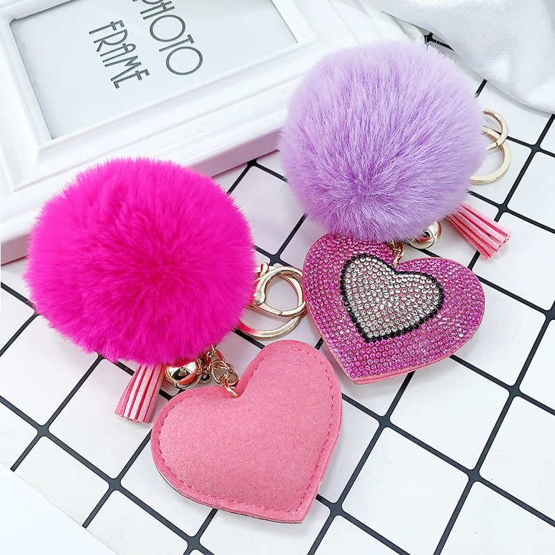 Pompom Keychain with Rhinestone Heart Charm